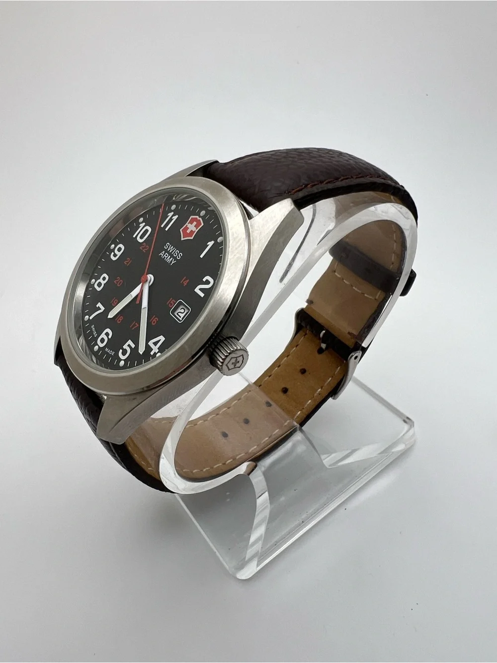 Victorinox Black Dial Watch with Brown Leather Strap and Red Accents